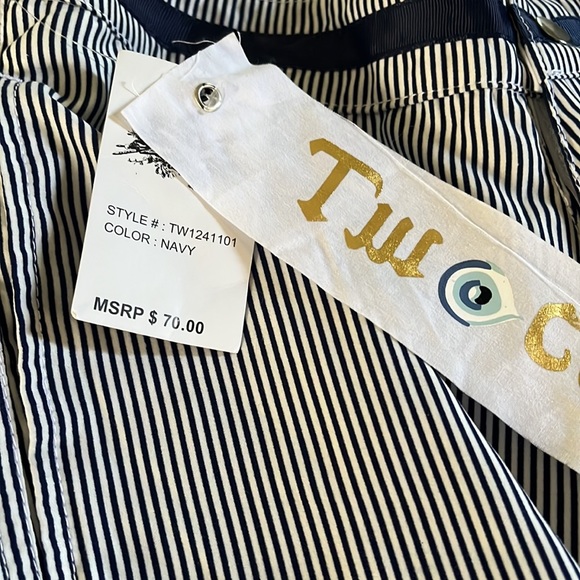 Swim trunks 28 TW 👁 CE Navy Pinstripe Swimming Unlined Velcro Fly 9 Inseam - Picture 9 of 11